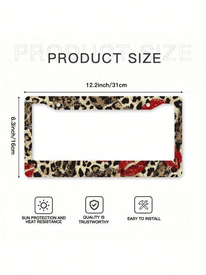 1/2pc 2D Flat Leopard Red Lips Print Metal License Plate Frame, 12.2x6.3Inch, Rustproof Car Tag Holder With Mount Screws, Auto Exterior Decor Accessory,Car Acessesories,Accesorios Para Moto,Car Acesse