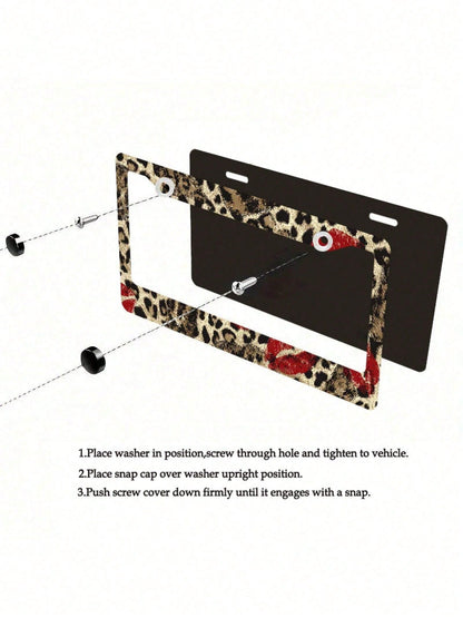 1/2pc 2D Flat Leopard Red Lips Print Metal License Plate Frame, 12.2x6.3Inch, Rustproof Car Tag Holder With Mount Screws, Auto Exterior Decor Accessory,Car Acessesories,Accesorios Para Moto,Car Acesse
