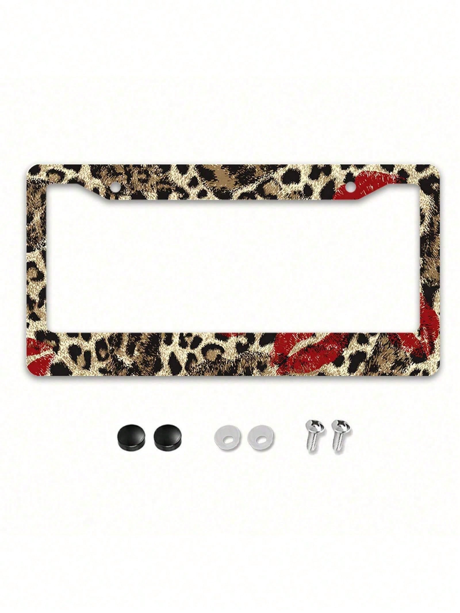 1/2pc 2D Flat Leopard Red Lips Print Metal License Plate Frame, 12.2x6.3Inch, Rustproof Car Tag Holder With Mount Screws, Auto Exterior Decor Accessory,Car Acessesories,Accesorios Para Moto,Car Acesse