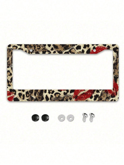 1/2pc 2D Flat Leopard Red Lips Print Metal License Plate Frame, 12.2x6.3Inch, Rustproof Car Tag Holder With Mount Screws, Auto Exterior Decor Accessory,Car Acessesories,Accesorios Para Moto,Car Acesse