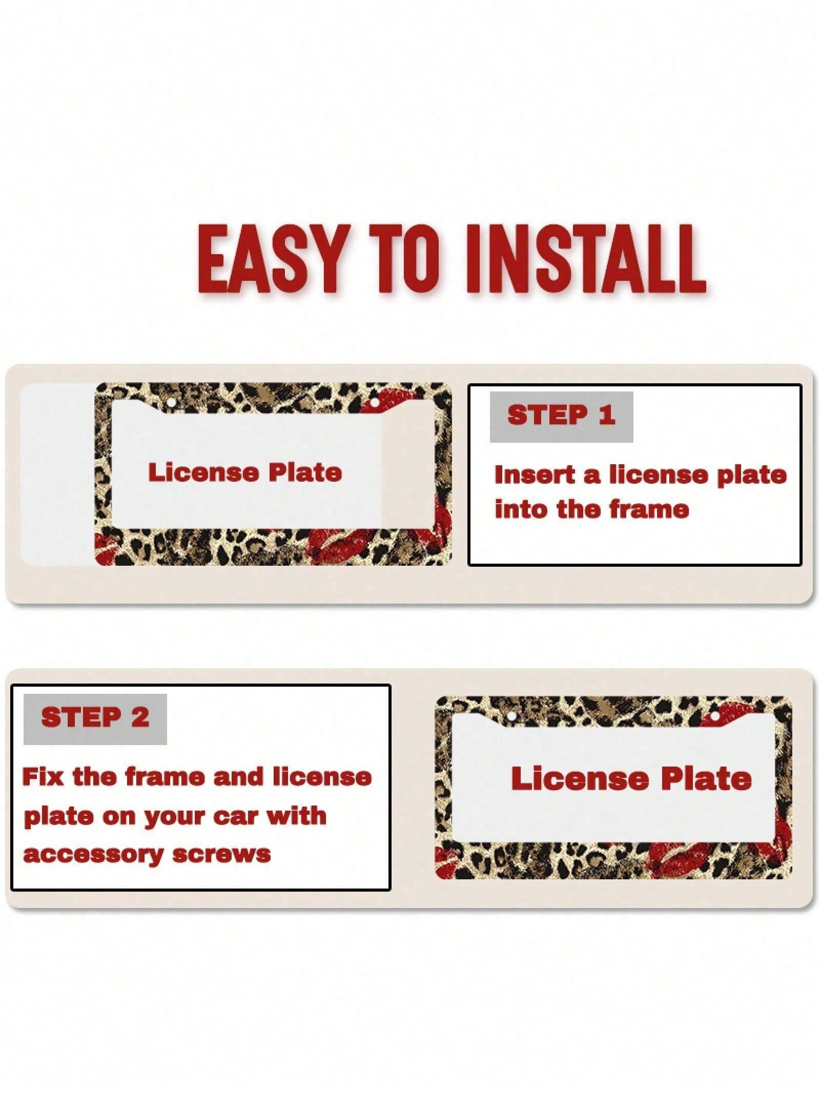 1/2pc 2D Flat Leopard Red Lips Print Metal License Plate Frame, 12.2x6.3Inch, Rustproof Car Tag Holder With Mount Screws, Auto Exterior Decor Accessory,Car Acessesories,Accesorios Para Moto,Car Acesse