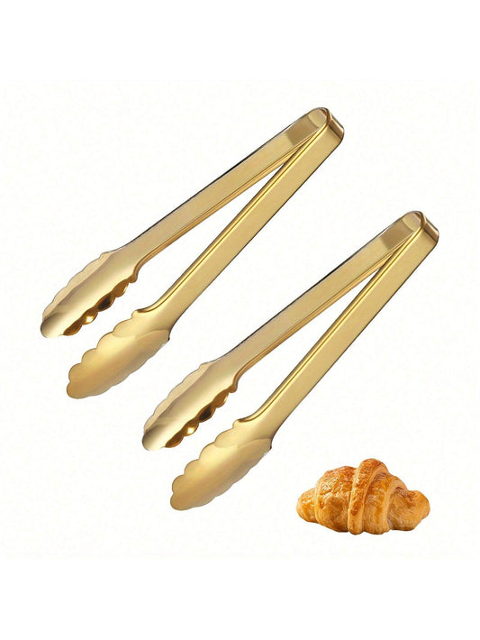 1/2pcs Champagne Golden Stainless Steel Serving Tongs, 9" Easy Grip- Perfect For Buffet & Parties