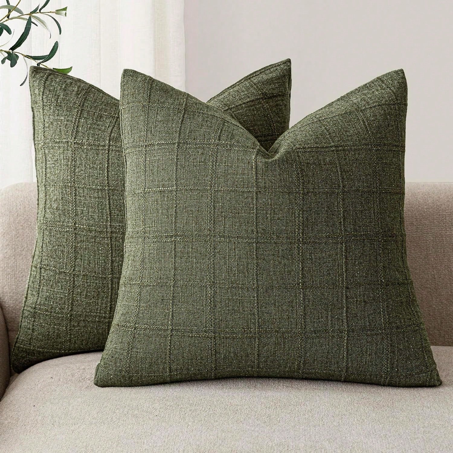 1/2pcs Olive Green (No Filling) Classic Plaid Throw Pillow Cover, Fashionable Minimalist 3D Grid Style Vintage Texture Cushion Cover, Suitable For Home Sofa, Bedroom, Decor, Gift, Party, All Seasons
