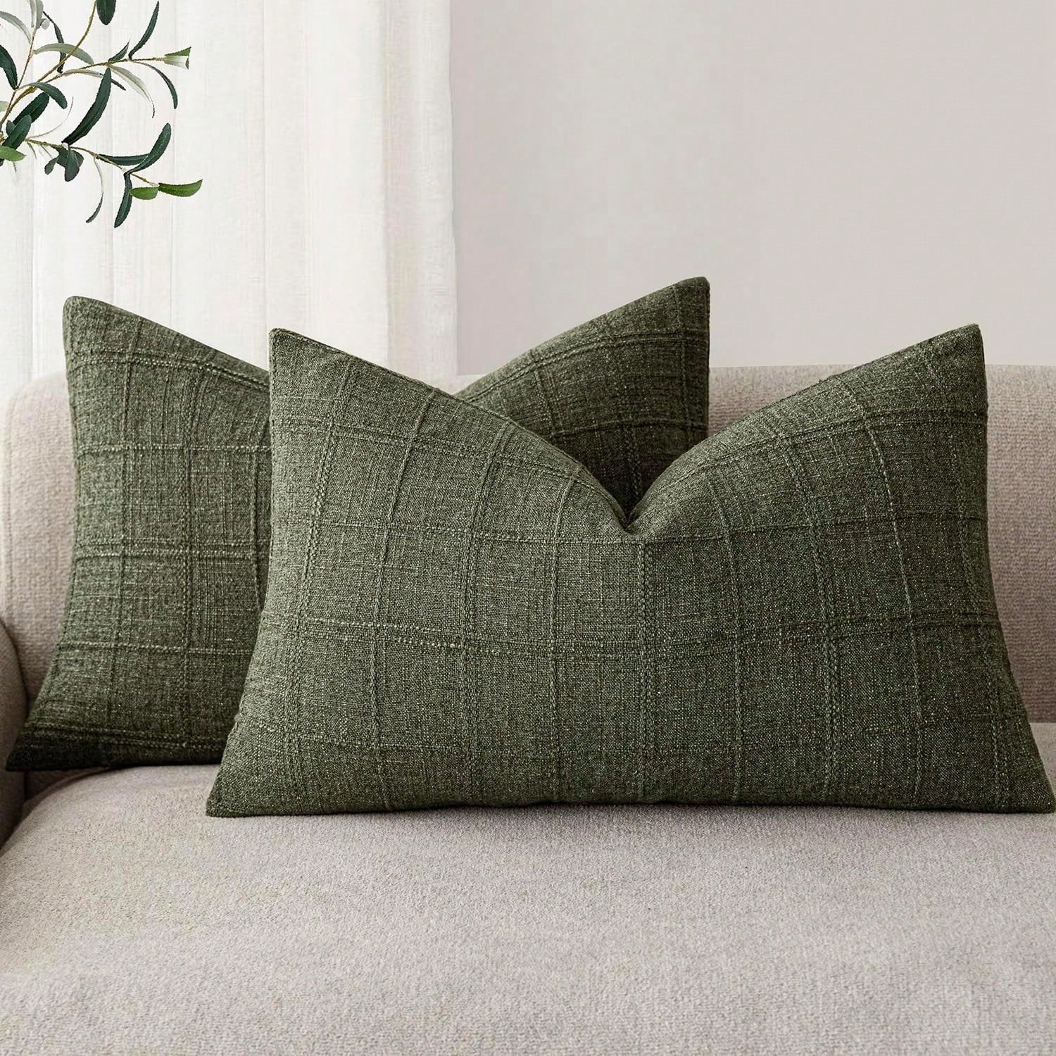 1/2pcs Olive Green (No Filling) Classic Plaid Throw Pillow Cover, Fashionable Minimalist 3D Grid Style Vintage Texture Cushion Cover, Suitable For Home Sofa, Bedroom, Decor, Gift, Party, All Seasons