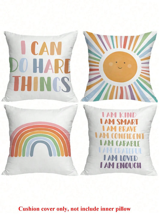 1/4 Pcs School Season Pencil & Notebook Sun Rainbow Alphabet Printed Pillowcase, Suitable For Party Home Fabric, Living Room Sofa, Bedroom Bedside Decoration, Waist Cushion Cover, Office, All Seasons