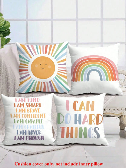 1/4 Pcs School Season Pencil & Notebook Sun Rainbow Alphabet Printed Pillowcase, Suitable For Party Home Fabric, Living Room Sofa, Bedroom Bedside Decoration, Waist Cushion Cover, Office, All Seasons