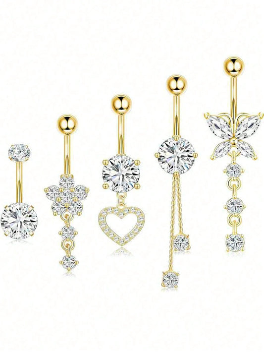 1-5pcs Stainless Steel Navel Rings Set, With Shiny Cubic Zirconia Butterfly & Heart Flower Pendant, For Women Belly Button Piercing Jewelry