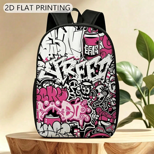 1 Durable Backpack, Graffiti Pink And Black Pattern, Adjustable Shoulder Straps And Zipper, Unisex 2D Flat Print Large Backpack, Can Be Used As A Gift Or Present, Fashionable And, Easy To Clean