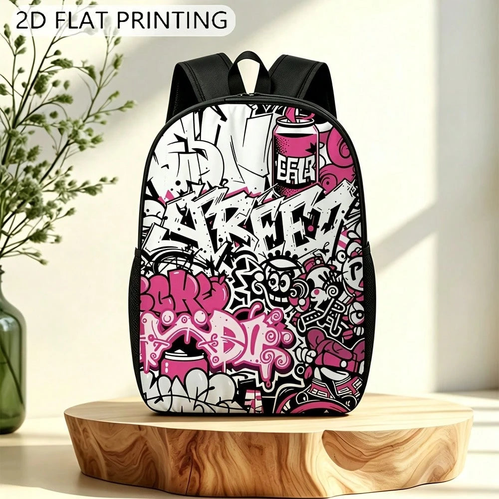1 Durable Backpack, Graffiti Pink And Black Pattern, Adjustable Shoulder Straps And Zipper, Unisex 2D Flat Print Large Backpack, Can Be Used As A Gift Or Present, Fashionable And, Easy To Clean