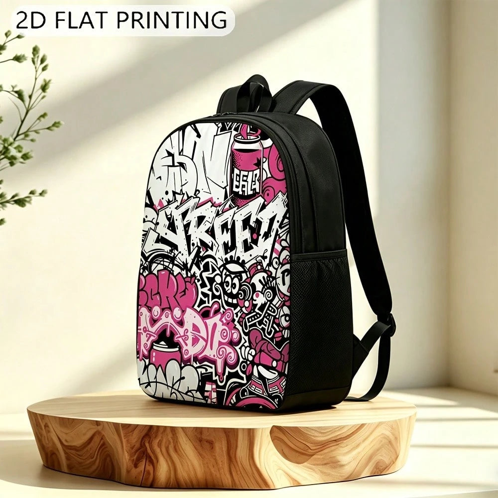 1 Durable Backpack, Graffiti Pink And Black Pattern, Adjustable Shoulder Straps And Zipper, Unisex 2D Flat Print Large Backpack, Can Be Used As A Gift Or Present, Fashionable And, Easy To Clean