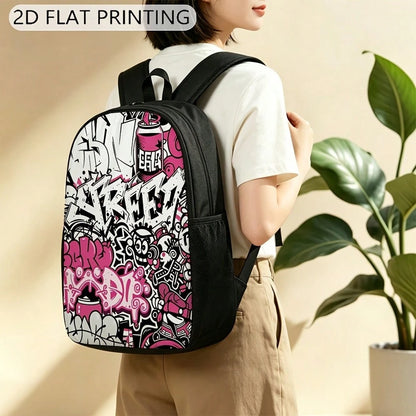 1 Durable Backpack, Graffiti Pink And Black Pattern, Adjustable Shoulder Straps And Zipper, Unisex 2D Flat Print Large Backpack, Can Be Used As A Gift Or Present, Fashionable And, Easy To Clean