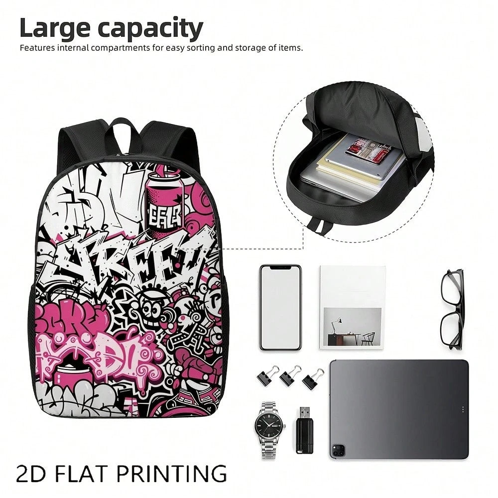 1 Durable Backpack, Graffiti Pink And Black Pattern, Adjustable Shoulder Straps And Zipper, Unisex 2D Flat Print Large Backpack, Can Be Used As A Gift Or Present, Fashionable And, Easy To Clean