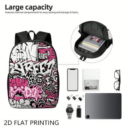 1 Durable Backpack, Graffiti Pink And Black Pattern, Adjustable Shoulder Straps And Zipper, Unisex 2D Flat Print Large Backpack, Can Be Used As A Gift Or Present, Fashionable And, Easy To Clean