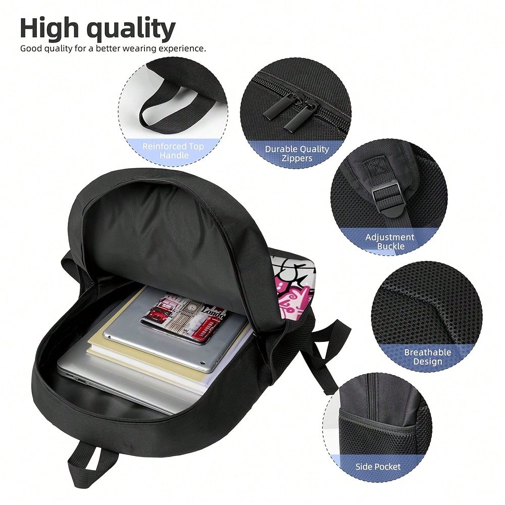 1 Durable Backpack, Graffiti Pink And Black Pattern, Adjustable Shoulder Straps And Zipper, Unisex 2D Flat Print Large Backpack, Can Be Used As A Gift Or Present, Fashionable And, Easy To Clean