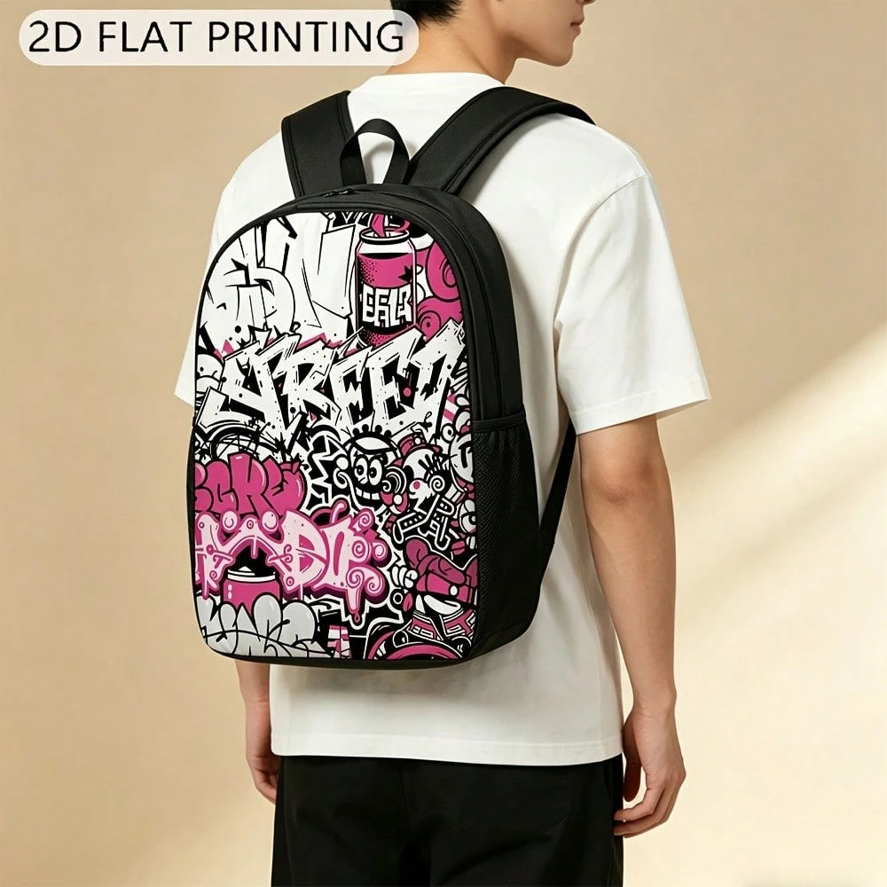 1 Durable Backpack, Graffiti Pink And Black Pattern, Adjustable Shoulder Straps And Zipper, Unisex 2D Flat Print Large Backpack, Can Be Used As A Gift Or Present, Fashionable And, Easy To Clean