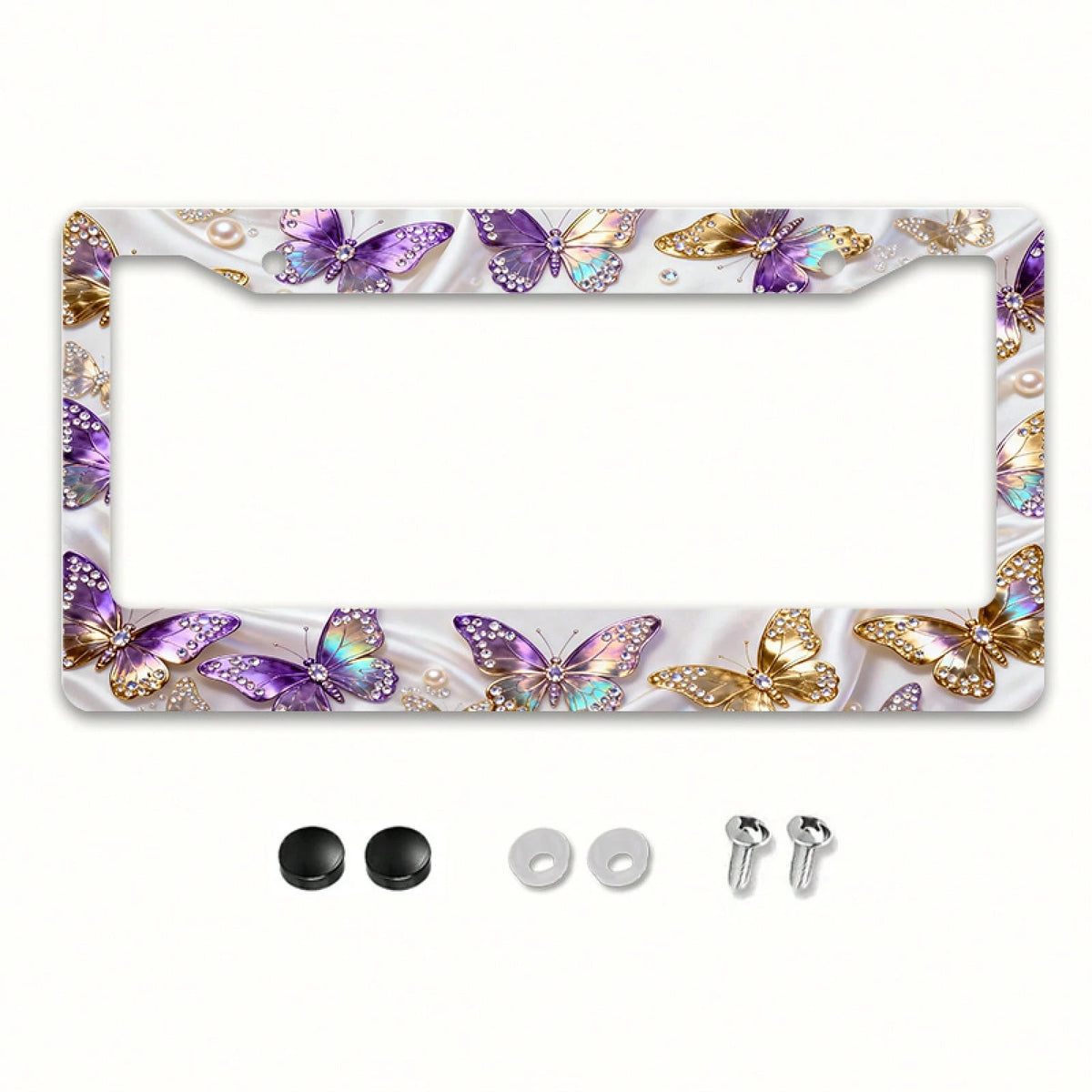 1 Metal License Plate Frame| Diamond-Embellished Butterfly Dance Pattern, Exquisite And Stylish Car Decoration Accessory, Suitable For North American And Most International Vehicles, Includes Mount