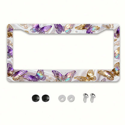 1 Metal License Plate Frame| Diamond-Embellished Butterfly Dance Pattern, Exquisite And Stylish Car Decoration Accessory, Suitable For North American And Most International Vehicles, Includes Mount