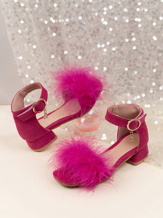 1 Pair PU Closed Toe Feather Decor Fashion High Heel Sandals For Girls, Anti-Skid, Back Covering, Rhinestone Decor, Adjustable Hook And Loop Closure Princess Shoes, Suitable For Summer Outgoing, Dance