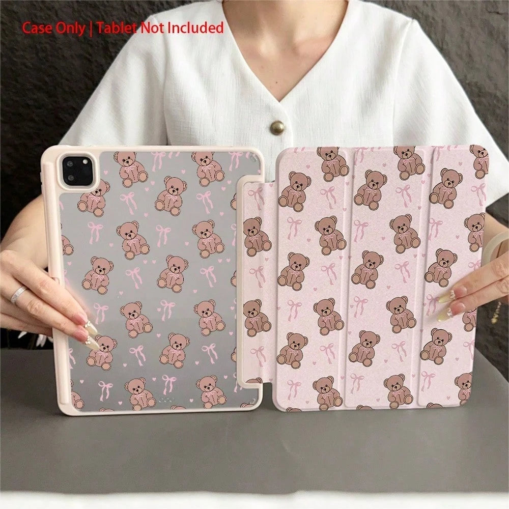 1 Piece Pink Teddy Bear & Bow Patterns- Sweet And LovelyProtective Folio Tablet Cases With Pen Holder,Compatible With 10.9/10.2/ Air 5th Gen/Pro11/10th/9.7/Air 2/ (7th Gen)/ (8th Gen)/ Air 4/5/ Pro