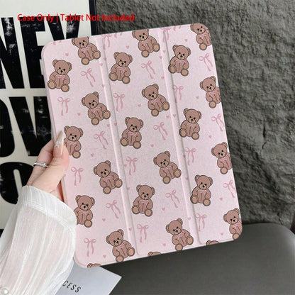 1 Piece Pink Teddy Bear & Bow Patterns- Sweet And LovelyProtective Folio Tablet Cases With Pen Holder,Compatible With 10.9/10.2/ Air 5th Gen/Pro11/10th/9.7/Air 2/ (7th Gen)/ (8th Gen)/ Air 4/5/ Pro