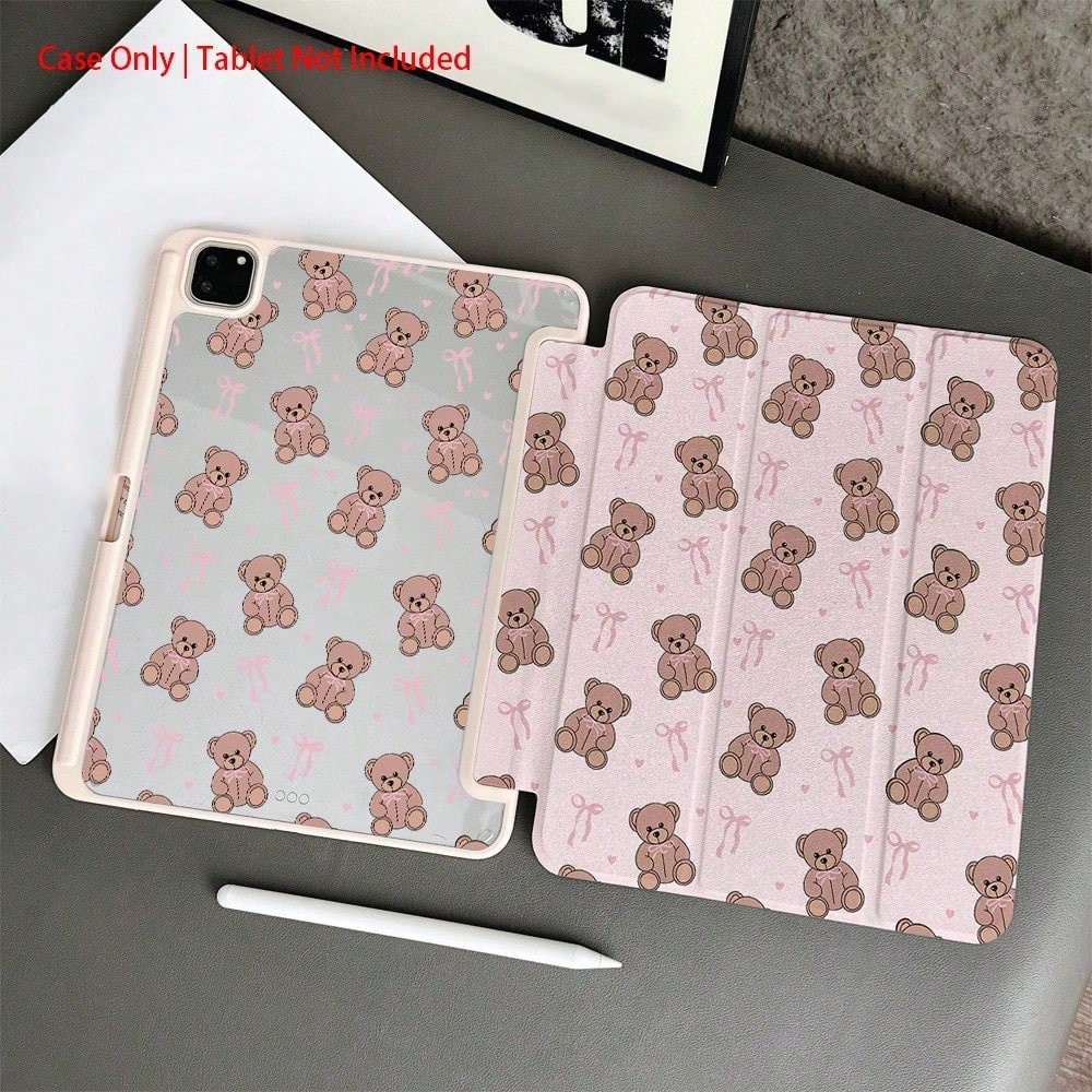 1 Piece Pink Teddy Bear & Bow Patterns- Sweet And LovelyProtective Folio Tablet Cases With Pen Holder,Compatible With 10.9/10.2/ Air 5th Gen/Pro11/10th/9.7/Air 2/ (7th Gen)/ (8th Gen)/ Air 4/5/ Pro