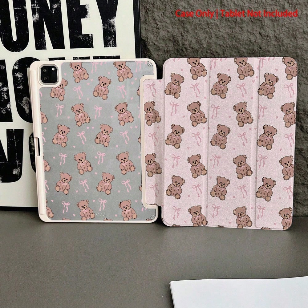 1 Piece Pink Teddy Bear & Bow Patterns- Sweet And LovelyProtective Folio Tablet Cases With Pen Holder,Compatible With 10.9/10.2/ Air 5th Gen/Pro11/10th/9.7/Air 2/ (7th Gen)/ (8th Gen)/ Air 4/5/ Pro