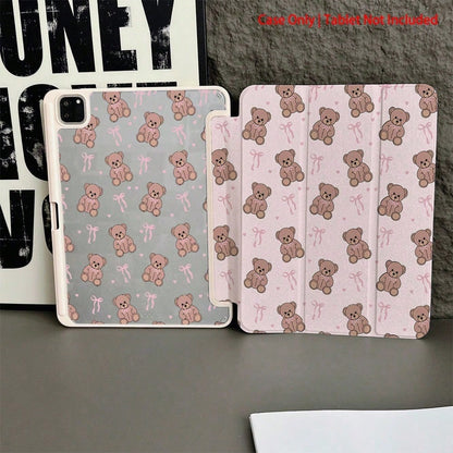 1 Piece Pink Teddy Bear & Bow Patterns- Sweet And LovelyProtective Folio Tablet Cases With Pen Holder,Compatible With 10.9/10.2/ Air 5th Gen/Pro11/10th/9.7/Air 2/ (7th Gen)/ (8th Gen)/ Air 4/5/ Pro