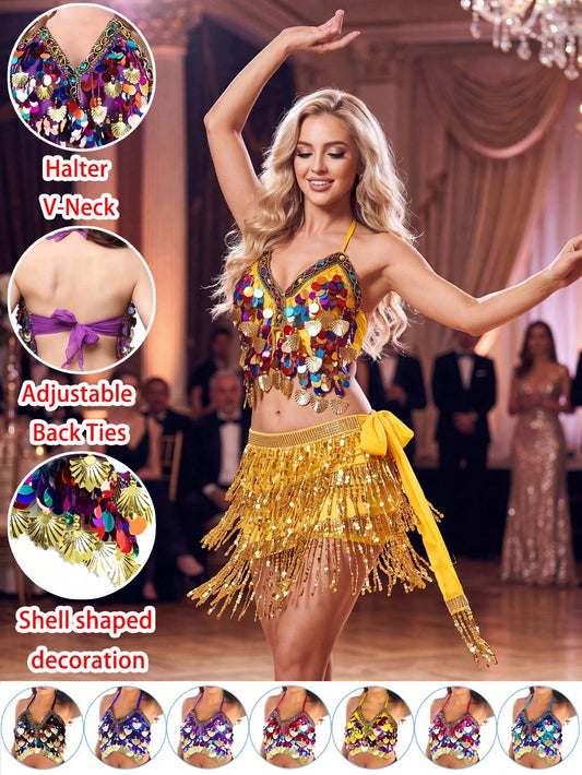 1 Set 8-Color Optional Sequin Spaghetti Strap Bra Top, Salsa Belly Dance, Bohemian Festival, Gold Shell Bra Top, Performance Costume, V-Neck Spaghetti Strap Tie Bra Top Paired With Side Tie Tassel Hi
