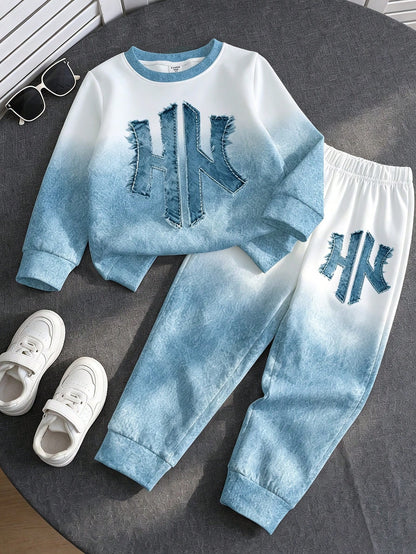 1 Set RANDO, Spring/Autumn New Baby Boys' Patchwork Pattern Crew Neck Sweatshirt And Long Pants Set, Fashionable Casual Versatile Outfit With Outstanding Style, Suitable For Daily Outings, School Comm