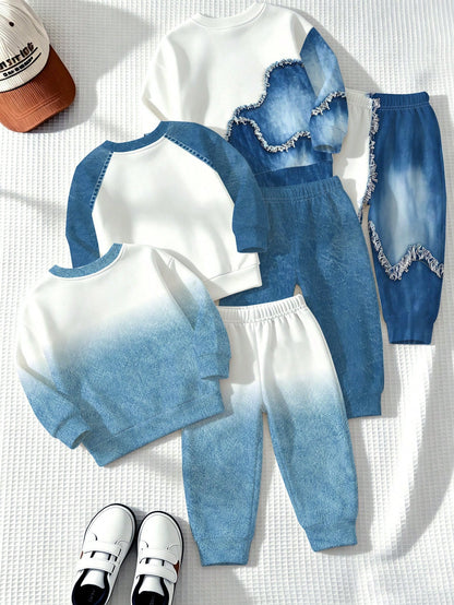 1 Set RANDO, Spring/Autumn New Baby Boys' Patchwork Pattern Crew Neck Sweatshirt And Long Pants Set, Fashionable Casual Versatile Outfit With Outstanding Style, Suitable For Daily Outings, School Comm