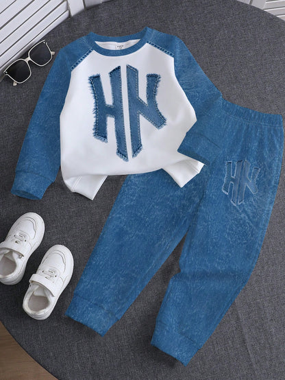 1 Set RANDO, Spring/Autumn New Baby Boys' Patchwork Pattern Crew Neck Sweatshirt And Long Pants Set, Fashionable Casual Versatile Outfit With Outstanding Style, Suitable For Daily Outings, School Comm