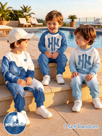 1 Set RANDO, Spring/Autumn New Baby Boys' Patchwork Pattern Crew Neck Sweatshirt And Long Pants Set, Fashionable Casual Versatile Outfit With Outstanding Style, Suitable For Daily Outings, School Comm