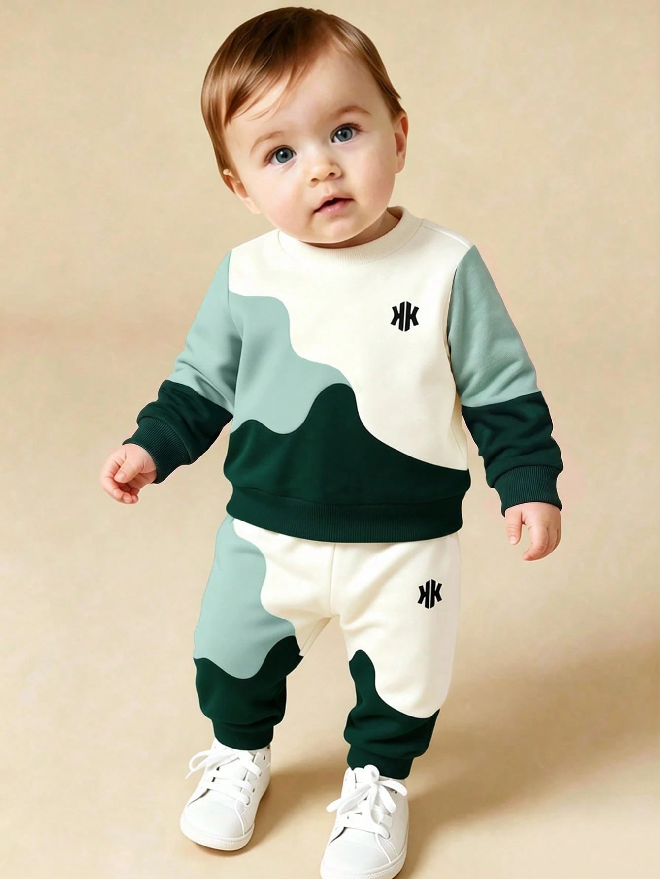 1 Set RANDO, Spring/Autumn New Baby Boys' Patchwork Pattern Crew Neck Sweatshirt And Long Pants Set, Fashionable Casual Versatile Outfit With Outstanding Style, Suitable For Daily Outings, School Comm
