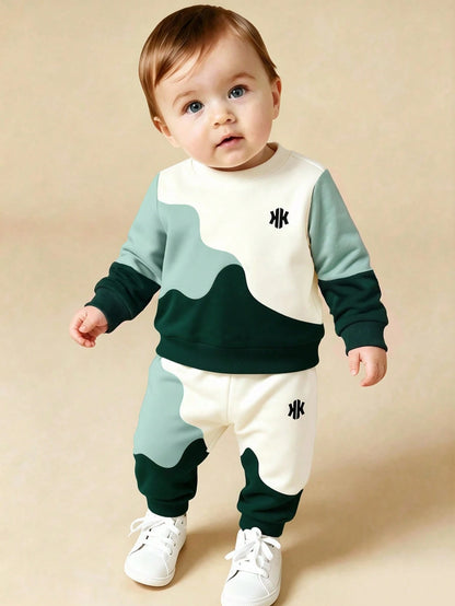 1 Set RANDO, Spring/Autumn New Baby Boys' Patchwork Pattern Crew Neck Sweatshirt And Long Pants Set, Fashionable Casual Versatile Outfit With Outstanding Style, Suitable For Daily Outings, School Comm