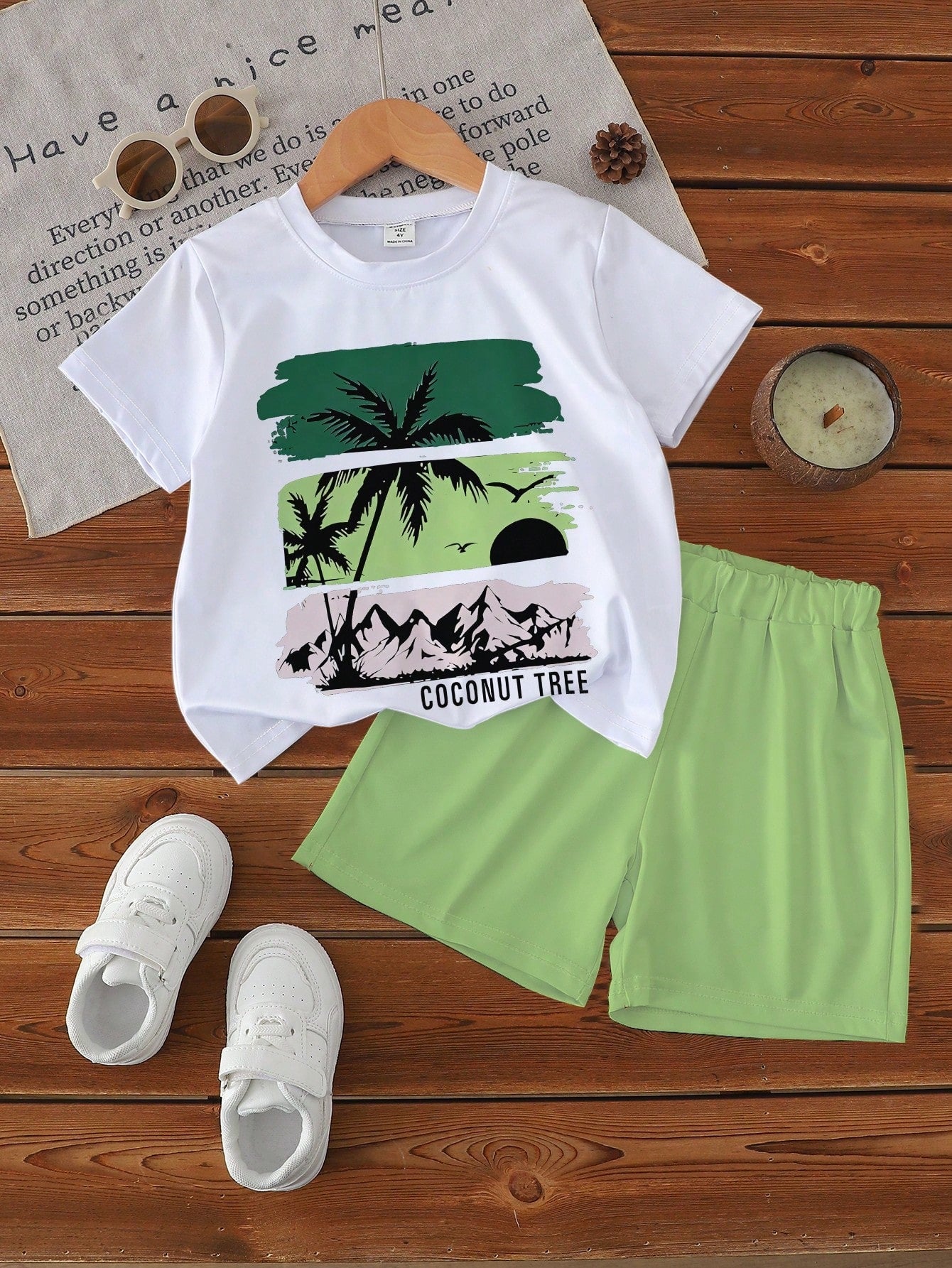 1 Set Toddler Boys' Summer Coconut Tree & Letter Print Short Sleeve Outfit, Suitable For Beach Vacation/Casual Play, Ideal For Outings, Spring/Summer