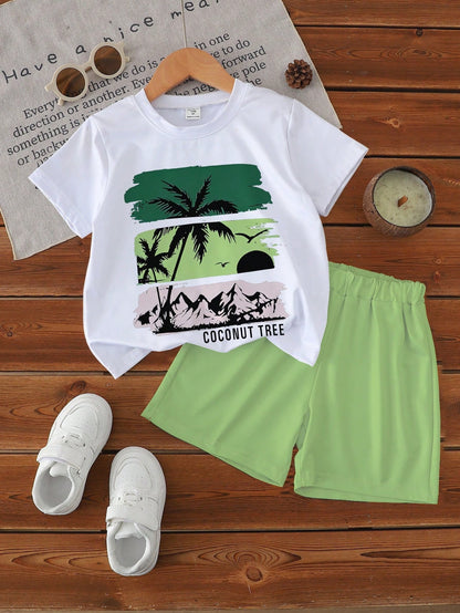 1 Set Toddler Boys' Summer Coconut Tree & Letter Print Short Sleeve Outfit, Suitable For Beach Vacation/Casual Play, Ideal For Outings, Spring/Summer