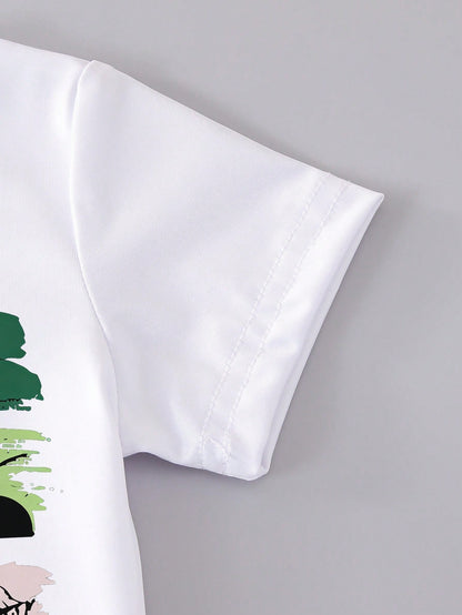 1 Set Toddler Boys' Summer Coconut Tree & Letter Print Short Sleeve Outfit, Suitable For Beach Vacation/Casual Play, Ideal For Outings, Spring/Summer