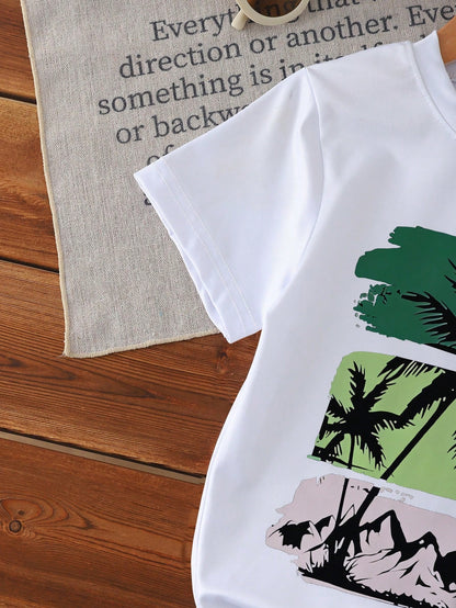 1 Set Toddler Boys' Summer Coconut Tree & Letter Print Short Sleeve Outfit, Suitable For Beach Vacation/Casual Play, Ideal For Outings, Spring/Summer
