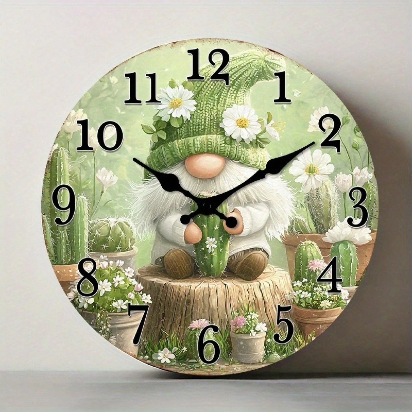 1 Silent Wooden Wall Clock- Dreamy Cactus And Floral Design, Country Style Home Decor (Batteries Not Included), Suitable For Living Room, Bedroom