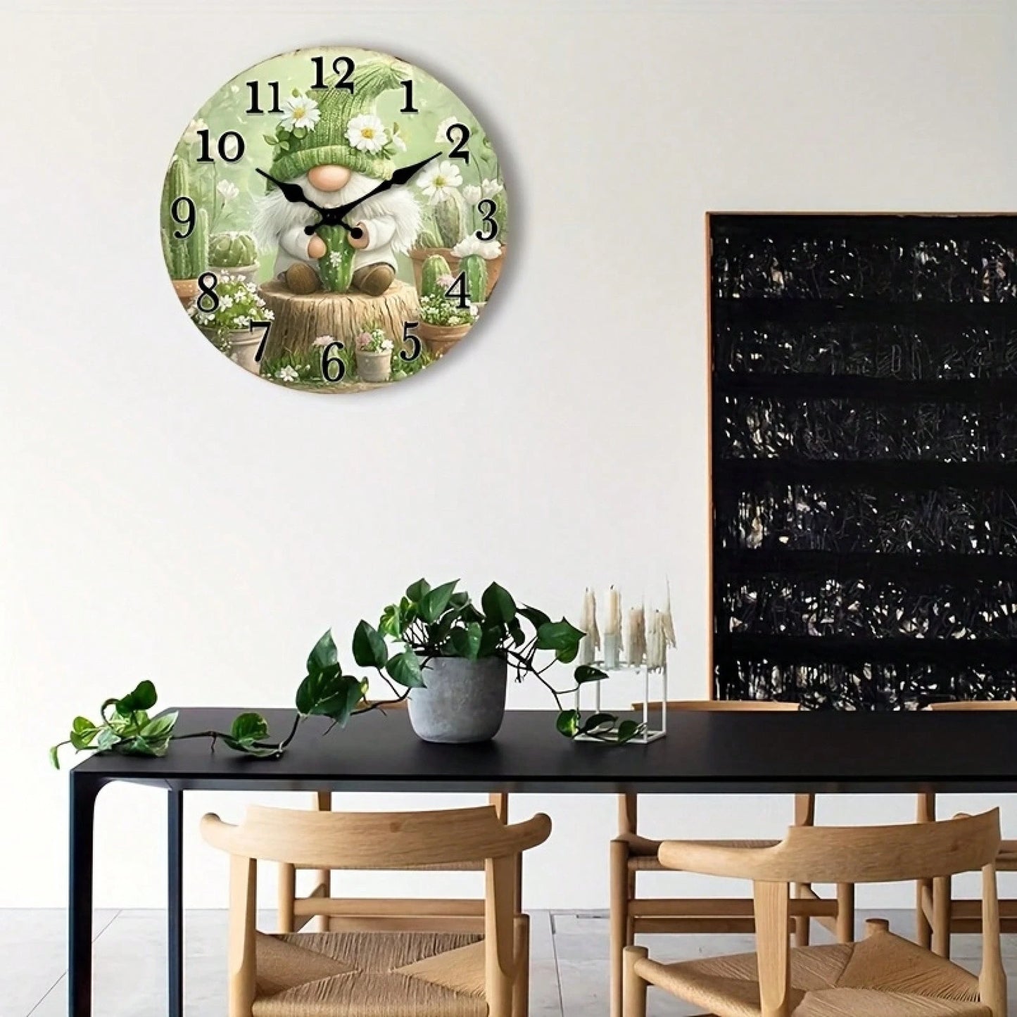 1 Silent Wooden Wall Clock- Dreamy Cactus And Floral Design, Country Style Home Decor (Batteries Not Included), Suitable For Living Room, Bedroom