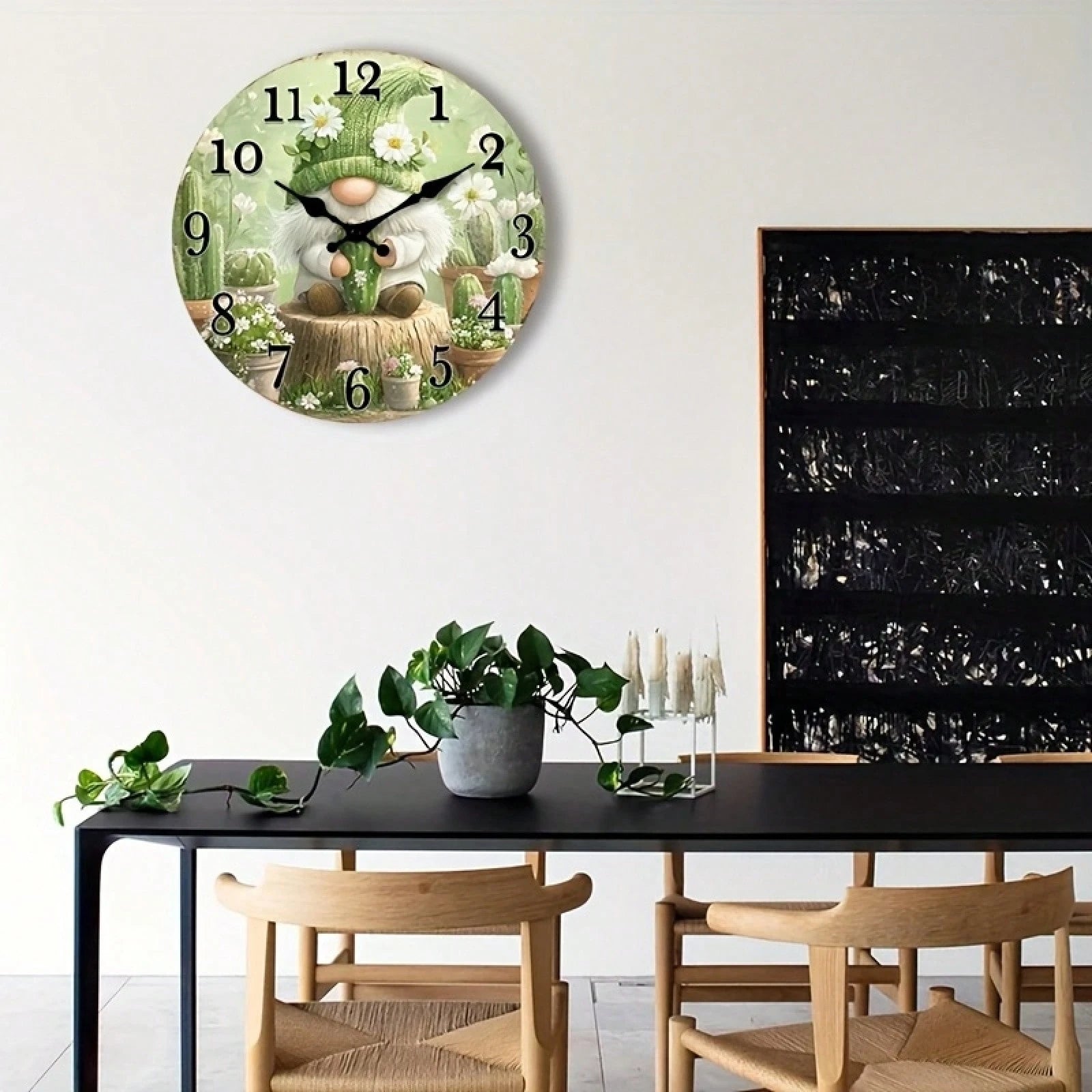 1 Silent Wooden Wall Clock- Dreamy Cactus And Floral Design, Country Style Home Decor (Batteries Not Included), Suitable For Living Room, Bedroom