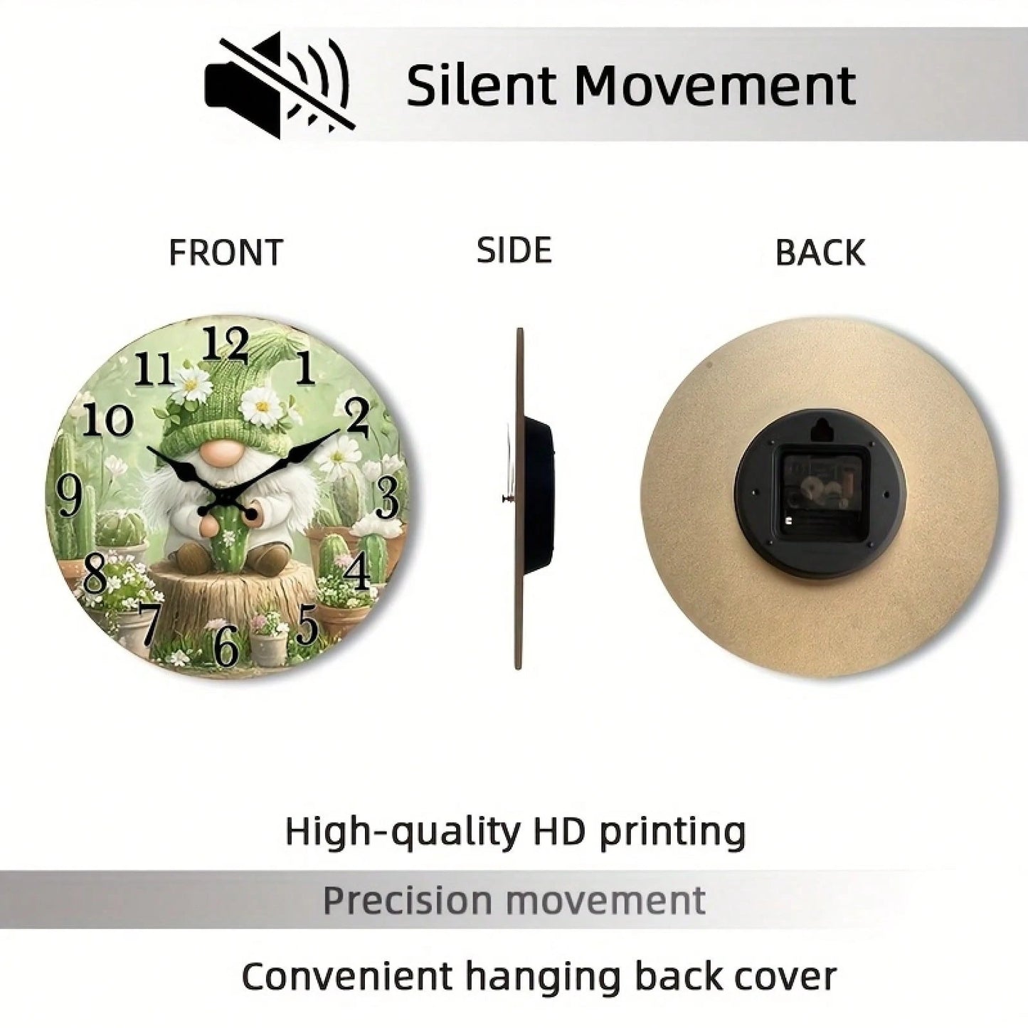1 Silent Wooden Wall Clock- Dreamy Cactus And Floral Design, Country Style Home Decor (Batteries Not Included), Suitable For Living Room, Bedroom