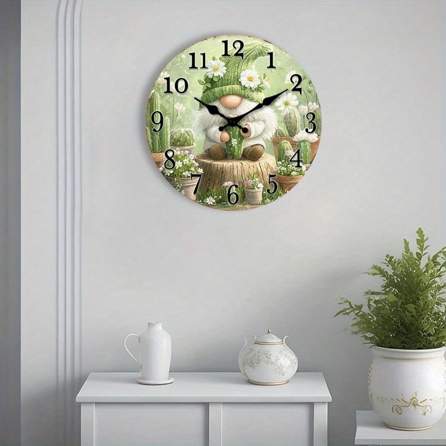 1 Silent Wooden Wall Clock- Dreamy Cactus And Floral Design, Country Style Home Decor (Batteries Not Included), Suitable For Living Room, Bedroom