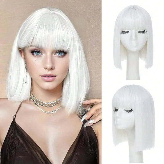 10 Inch Short Straight Brunette Wig Women- With Bangs Synthetic Natural Looking Wig, Cosplay, Daily Wear & Party Outfits