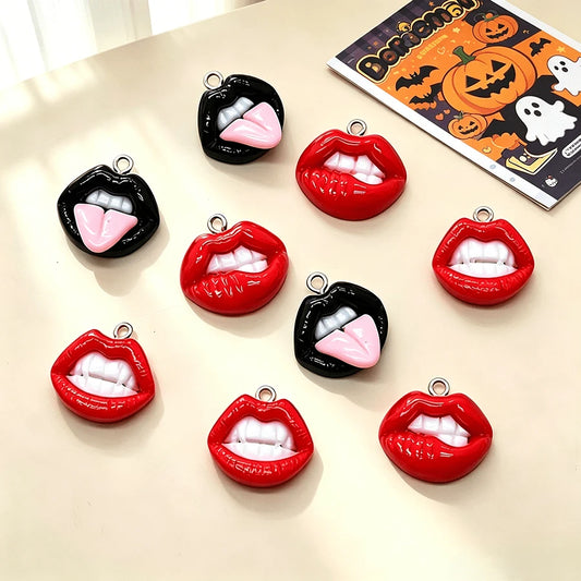 10pcs Fun Sexy Red Lips Resin Charms- Hip Hop Style Pendants, Suitable For DIY Earrings, Keychains And Jewelry Making- Perfect For Halloween, Personalized Theme- Random Mix