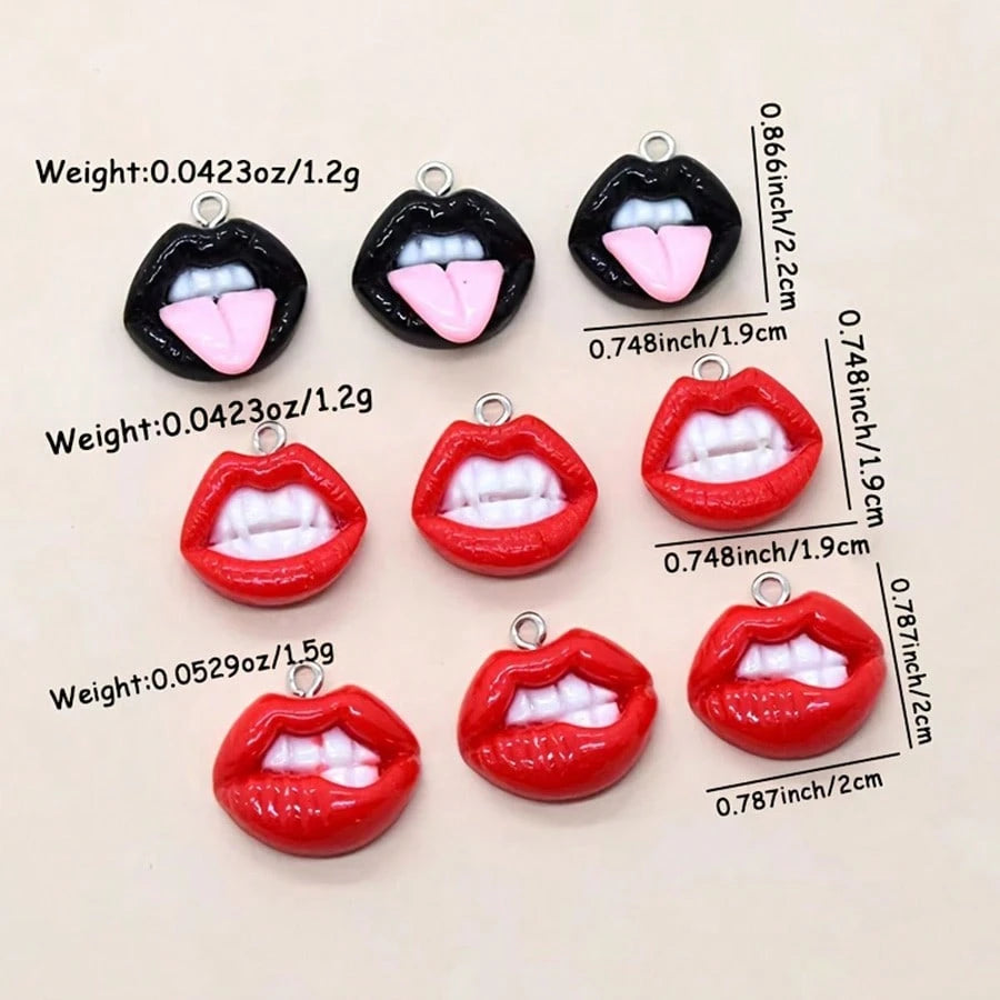 10pcs Fun Sexy Red Lips Resin Charms- Hip Hop Style Pendants, Suitable For DIY Earrings, Keychains And Jewelry Making- Perfect For Halloween, Personalized Theme- Random Mix