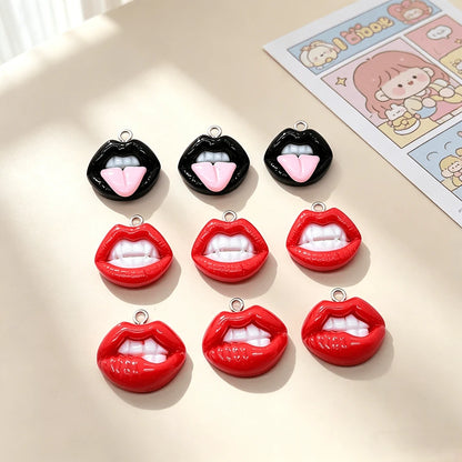 10pcs Fun Sexy Red Lips Resin Charms- Hip Hop Style Pendants, Suitable For DIY Earrings, Keychains And Jewelry Making- Perfect For Halloween, Personalized Theme- Random Mix