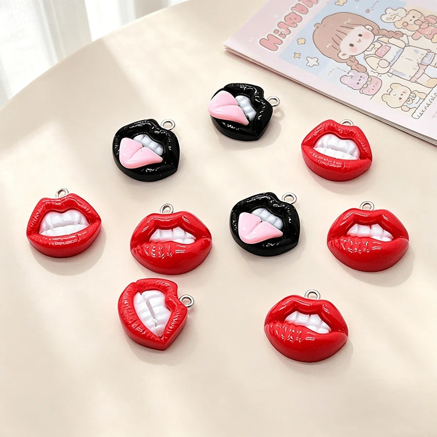 10pcs Fun Sexy Red Lips Resin Charms- Hip Hop Style Pendants, Suitable For DIY Earrings, Keychains And Jewelry Making- Perfect For Halloween, Personalized Theme- Random Mix
