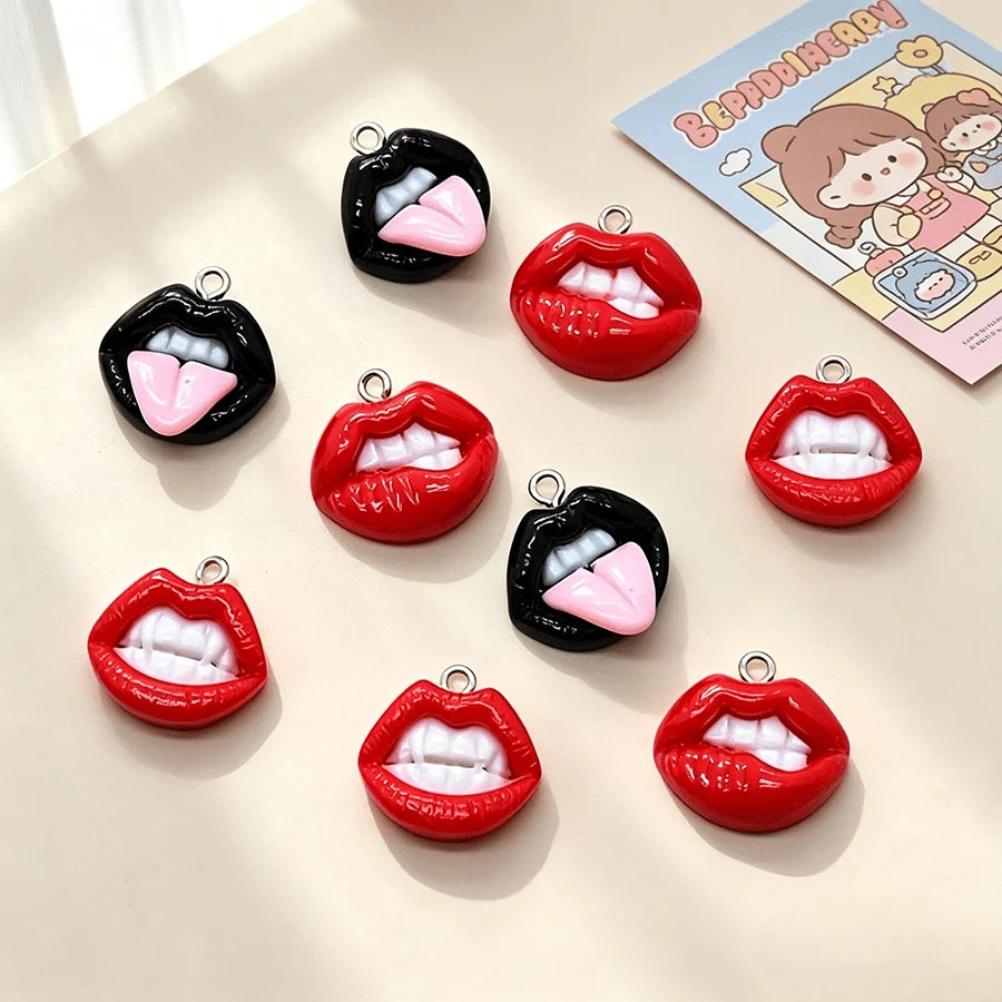 10pcs Fun Sexy Red Lips Resin Charms- Hip Hop Style Pendants, Suitable For DIY Earrings, Keychains And Jewelry Making- Perfect For Halloween, Personalized Theme- Random Mix