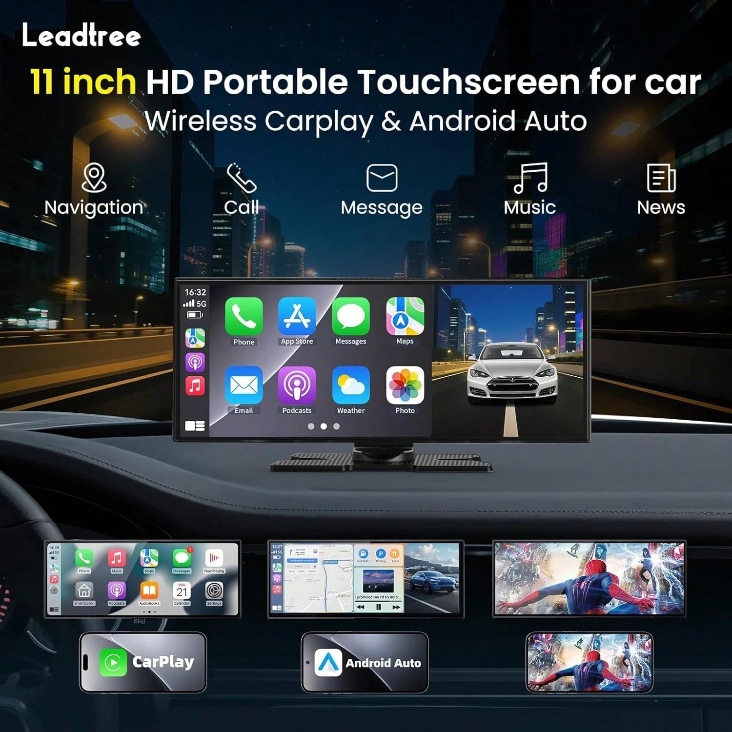 11.5INCH Double Din Car Stereo Wireless CarPlay Wireless Android Auto, Android 2+64G Touchscreen Car Radio Head Unit With Bluetooth 4.0, DSP, WiFi, HDCamera, Haudio